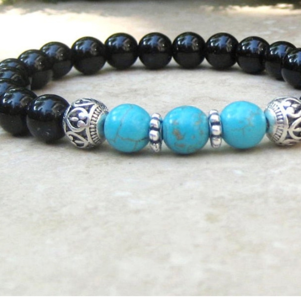Black Onyx, Turquoise and Silver Accent Unisex
